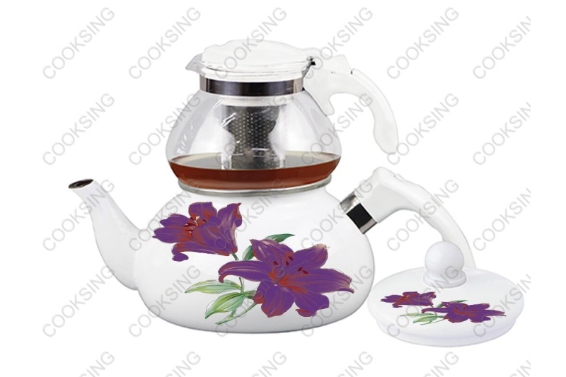 BK-507WGD 0.75L Glass Teapot+2.3L Enamel Kettle With Bakelite Handle And Decals Flower