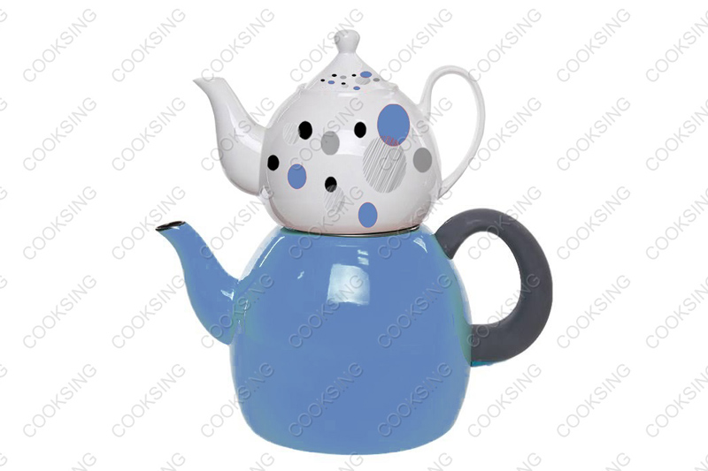 BK-3207DE 1.0L Porcelain Teapot With Decals Flower+3.2L Colorful Enamel Kettle With Black Bakelite Handles