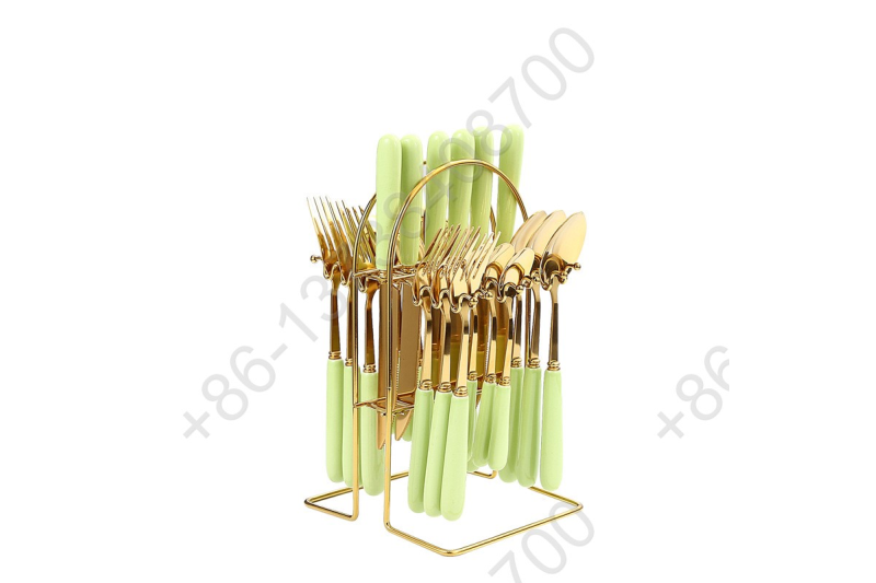 25 Pcs Gold Plated Hang Flatware Set Stainless Steel Knife Fork Spoon Cutlery Set With Color Ceramic Handle