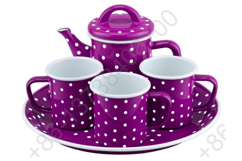 27cm Deep Enamel Round Tray Plate+0.6L Enamel Teapot+3pcs Enamel Mug