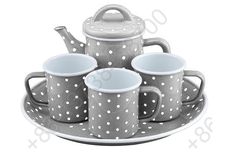 27cm Deep Enamel Round Tray Plate+0.6L Enamel Teapot+3pcs Enamel Mug