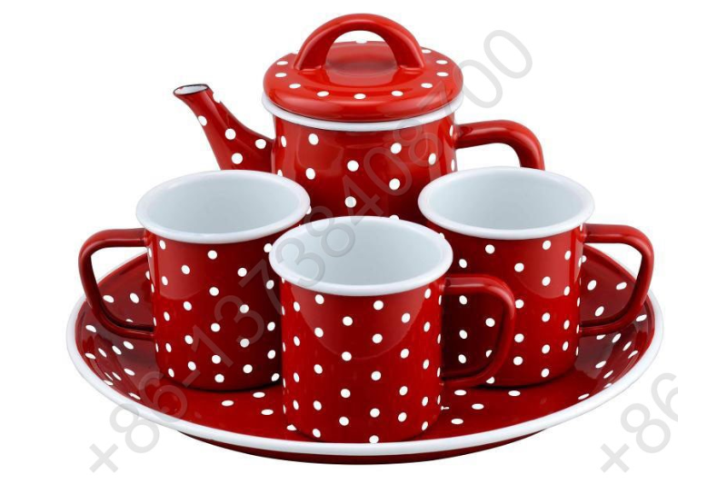 27cm Deep Enamel Round Tray Plate+0.6L Enamel Teapot+3pcs Enamel Mug