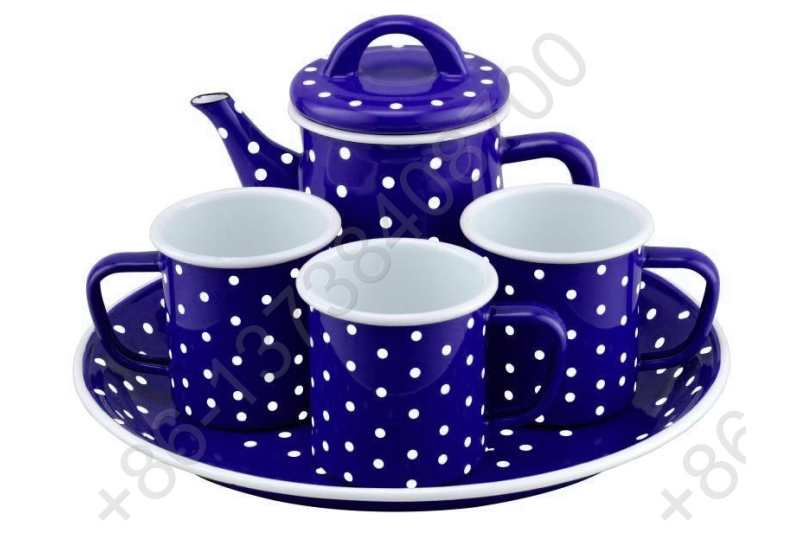 27cm Deep Enamel Round Tray Plate+0.6L Enamel Teapot+3pcs Enamel Mug