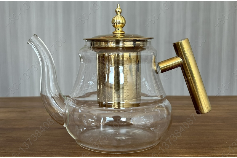 0.8L/1.0L Luxury High Quality Pyrex Tea Pot Gold Stainless Steel Handle Heat Resistant Pyrex Glass Teapot