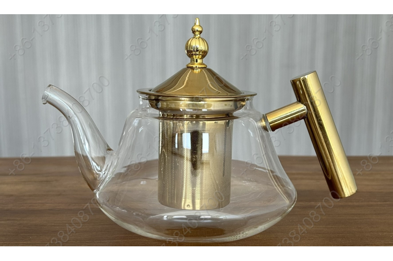 0.8L/1.0L Luxury High Quality Pyrex Tea Pot Gold Stainless Steel Handle Heat Resistant Pyrex Glass Teapot