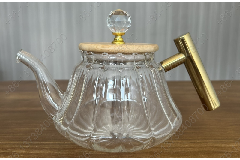 0.8L/1.0L Luxury High Quality Pyrex Tea Pot Gold Stainless Steel Handle Heat Resistant Pyrex Glass Teapot