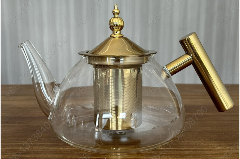 0.8L/1.0L Luxury High Quality Pyrex Tea Pot Gold Stainless Steel Handle Heat Resistant Pyrex Glass Teapot