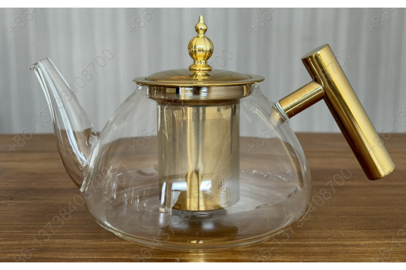 0.8L/1.0L Luxury High Quality Pyrex Tea Pot Gold Stainless Steel Handle Heat Resistant Pyrex Glass Teapot