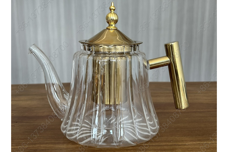 1.2L Luxury High Quality Pyrex Tea Pot Gold Stainless Steel Handle Heat Resistant Pyrex Glass Teapot