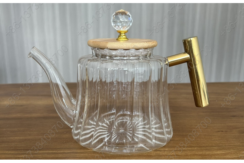 0.8L/1.1L Luxury High Quality Pyrex Tea Pot Gold Stainless Steel Handle Heat Resistant Pyrex Glass Teapot