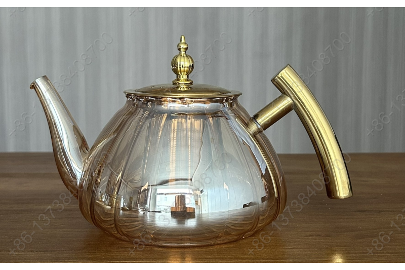 0.8L/1.0L Luxury High Quality Pyrex Tea Pot Gold Stainless Steel Handle Heat Resistant Pyrex Glass Teapot