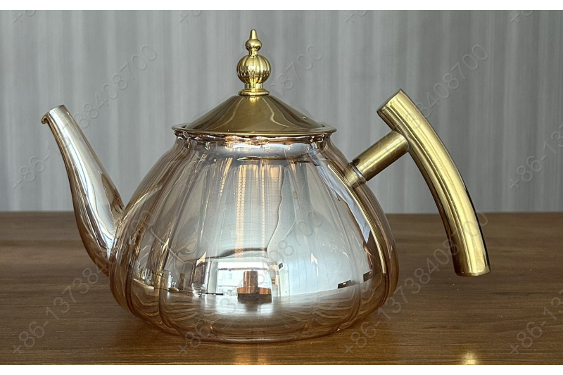 0.8L/1.0L Luxury High Quality Pyrex Tea Pot Gold Stainless Steel Handle Heat Resistant Pyrex Glass Teapot