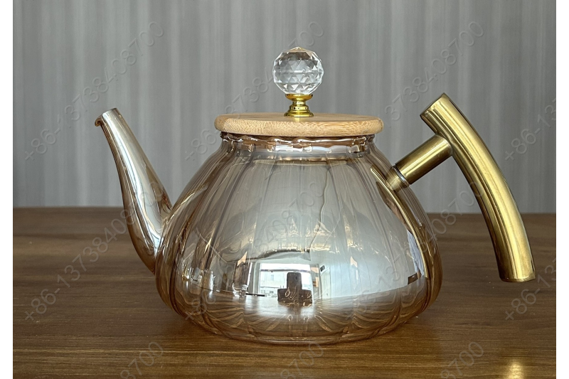 0.8L/1.0L Luxury High Quality Pyrex Tea Pot Gold Stainless Steel Handle Heat Resistant Pyrex Glass Teapot