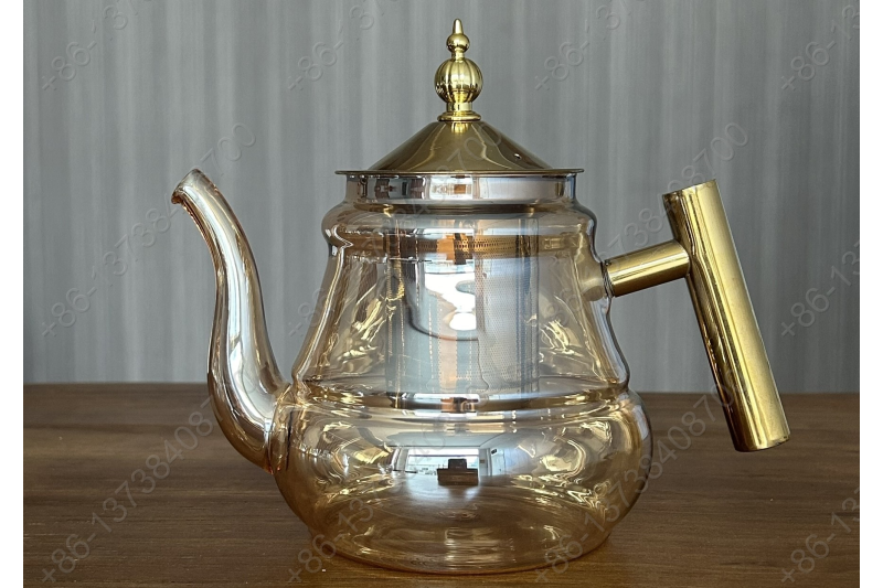 0.8L/1.0L Luxury High Quality Pyrex Tea Pot Gold Stainless Steel Handle Heat Resistant Pyrex Glass Teapot