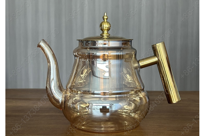 0.8L/1.0L Luxury High Quality Pyrex Tea Pot Gold Stainless Steel Handle Heat Resistant Pyrex Glass Teapot