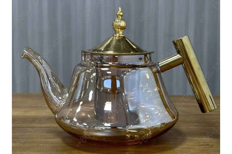 0.8L/1.0L Luxury High Quality Pyrex Tea Pot Gold Stainless Steel Handle Heat Resistant Pyrex Glass Teapot