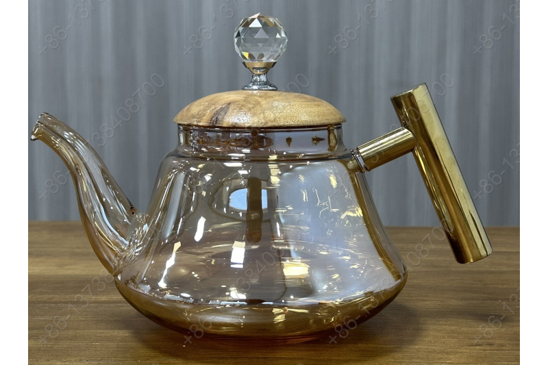 0.8L/1.0L Luxury High Quality Pyrex Tea Pot Gold Stainless Steel Handle Heat Resistant Pyrex Glass Teapot