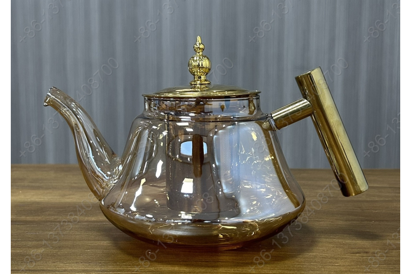 0.8L/1.0L Luxury High Quality Pyrex Tea Pot Gold Stainless Steel Handle Heat Resistant Pyrex Glass Teapot