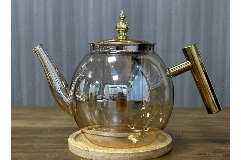 0.8L/1.0L Luxury High Quality Pyrex Tea Pot Gold Stainless Steel Handle Heat Resistant Pyrex Glass Teapot