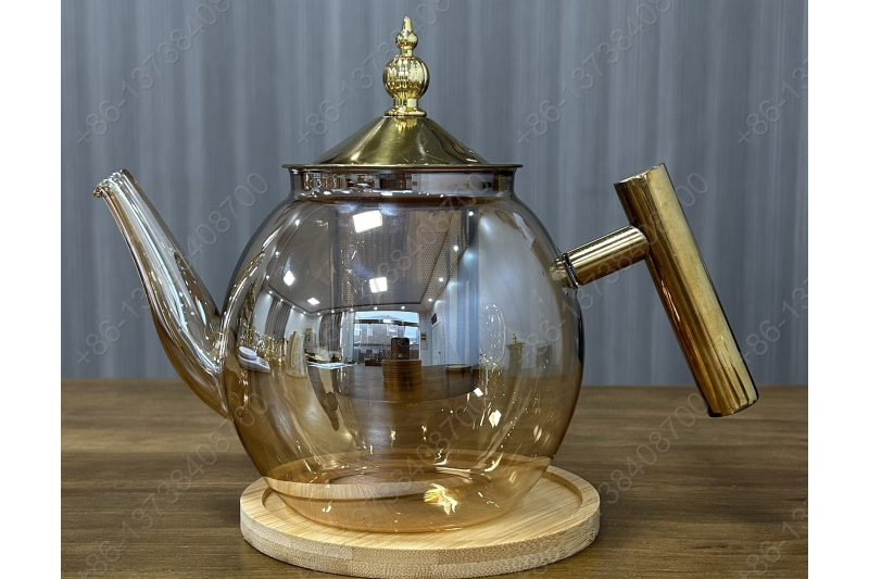 0.8L/1.0L Luxury High Quality Pyrex Tea Pot Gold Stainless Steel Handle Heat Resistant Pyrex Glass Teapot