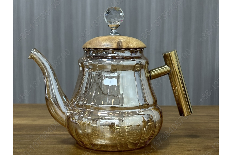 0.8L/1.0L Luxury High Quality Pyrex Tea Pot Gold Stainless Steel Handle Heat Resistant Pyrex Glass Teapot