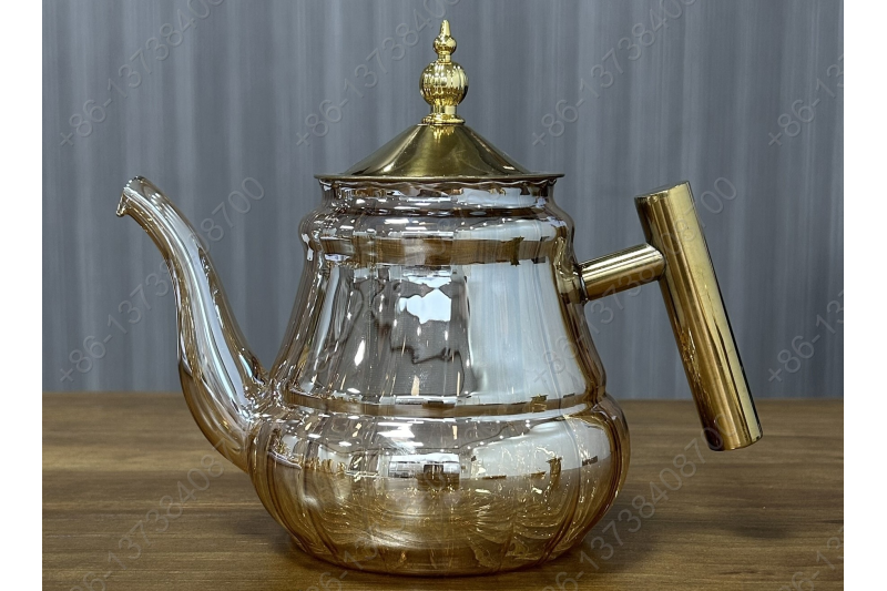 0.8L/1.0L Luxury High Quality Pyrex Tea Pot Gold Stainless Steel Handle Heat Resistant Pyrex Glass Teapot