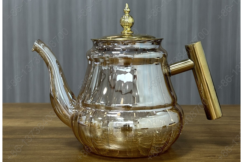 0.8L/1.0L Luxury High Quality Pyrex Tea Pot Gold Stainless Steel Handle Heat Resistant Pyrex Glass Teapot