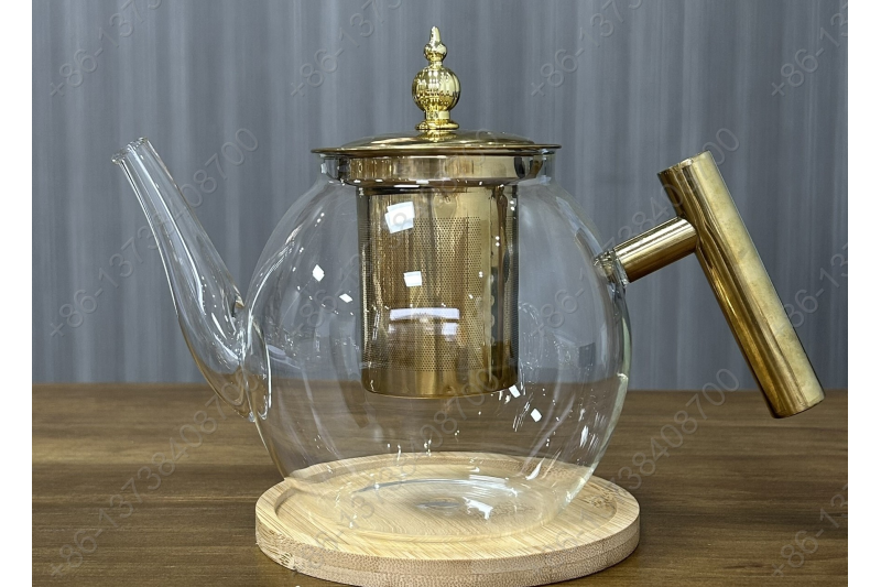 0.8L/1.0L Luxury High Quality Pyrex Tea Pot Gold Stainless Steel Handle Heat Resistant Pyrex Glass Teapot