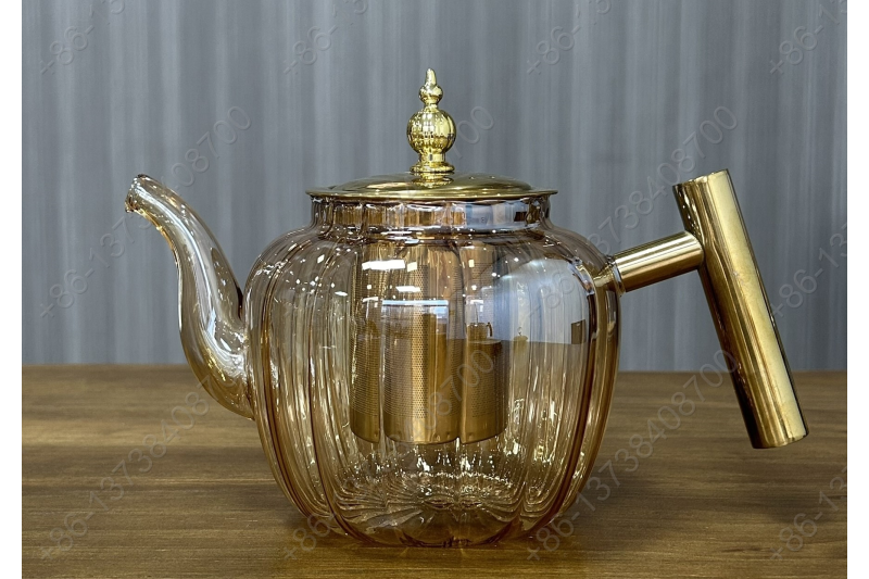 0.8L/1.0L/1.2L Luxury High Quality Pyrex Tea Pot Gold Stainless Steel Handle Heat Resistant Pyrex Glass Teapot