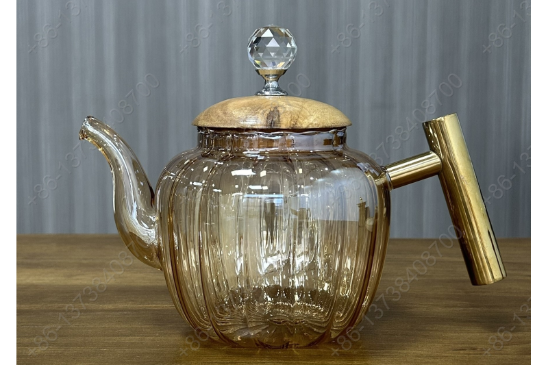 0.8L/1.0L/1.2L Luxury High Quality Pyrex Tea Pot Gold Stainless Steel Handle Heat Resistant Pyrex Glass Teapot