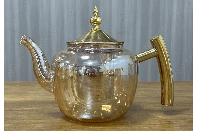 0.8L/1.0L/1.2L Luxury High Quality Pyrex Tea Pot Gold Stainless Steel Handle Heat Resistant Pyrex Glass Teapot