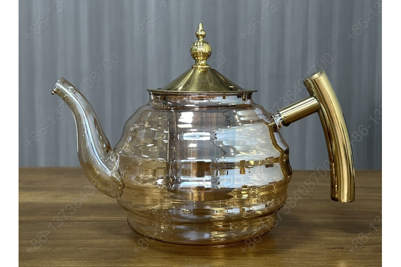 0.8L/1.0L/1.2L Luxury High Quality Pyrex Tea Pot Gold Stainless Steel Handle Heat Resistant Pyrex Glass Teapot