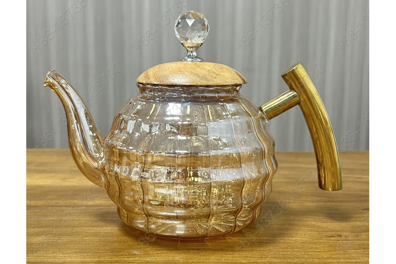 0.8L/1.0L/1.2L Luxury High Quality Pyrex Tea Pot Gold Stainless Steel Handle Heat Resistant Pyrex Glass Teapot