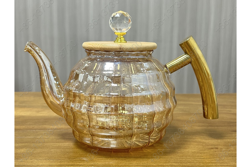 0.8L/1.0L/1.2L Luxury High Quality Pyrex Tea Pot Gold Stainless Steel Handle Heat Resistant Pyrex Glass Teapot