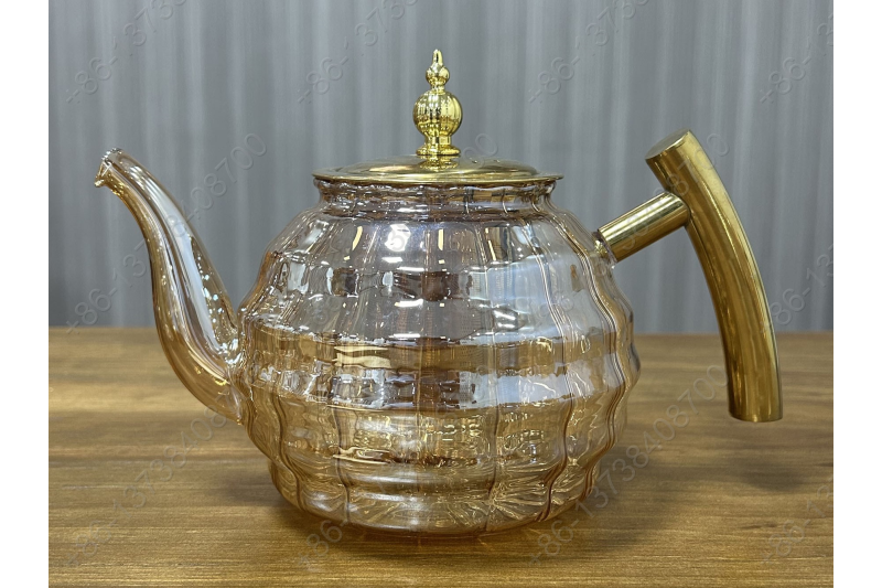 0.8L/1.0L/1.2L Luxury High Quality Pyrex Tea Pot Gold Stainless Steel Handle Heat Resistant Pyrex Glass Teapot