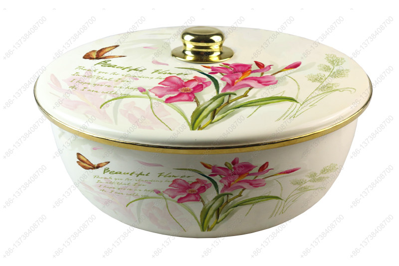 26CM/29CM/32CM Luxury High Quality Enamel Bowl Enamel Pot With Decals Enamel Cover And Golden Knob & Rim