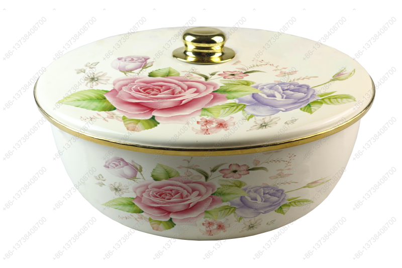 26CM/29CM/32CM Luxury High Quality Enamel Bowl Enamel Pot With Decals Enamel Cover And Golden Knob & Rim