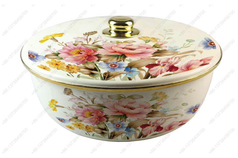 26CM/29CM/32CM Luxury High Quality Enamel Bowl Enamel Pot With Decals Enamel Cover And Golden Knob & Rim