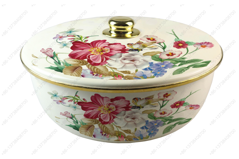 26CM/29CM/32CM Luxury High Quality Enamel Bowl Enamel Pot With Decals Enamel Cover And Golden Knob & Rim