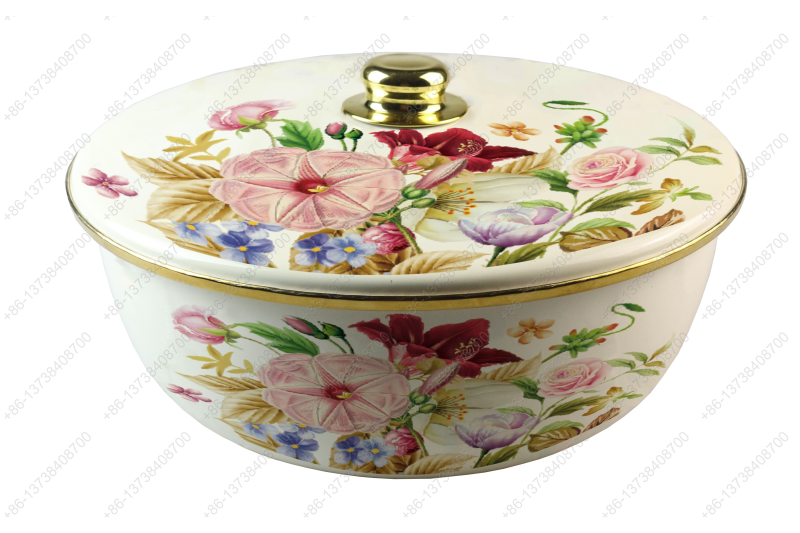 26CM/29CM/32CM Luxury High Quality Enamel Bowl Enamel Pot With Decals Enamel Cover And Golden Knob & Rim