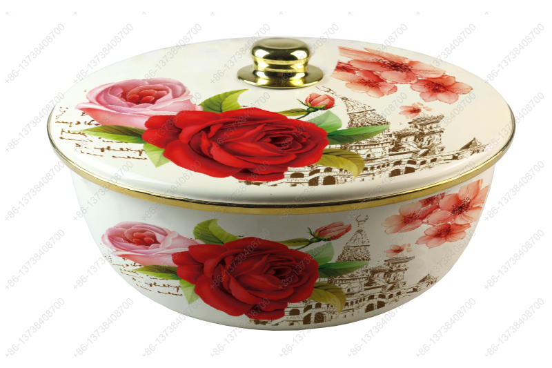 26CM/29CM/32CM Luxury High Quality Enamel Bowl Enamel Pot With Decals Enamel Cover And Golden Knob & Rim