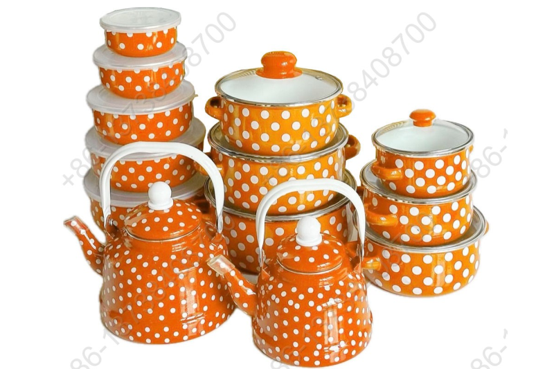 Colorful Enamel Kettle+Colorful Enamel Casserole Pot+ Colorful Enamel Storage Bowl With Dot Decals