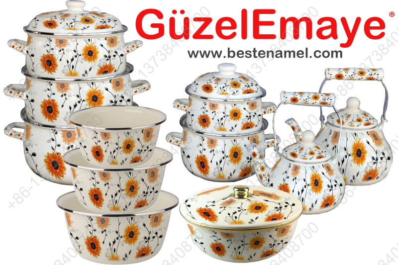 10 pcs Belly Shape Enamel Casserole Pot + 2pcs Enamel Kettle +3 pcs Enamel Basin + 1 pcs Enamel Bowl