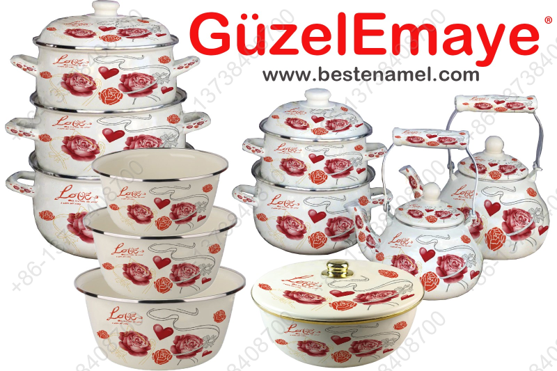 10 pcs Belly Shape Enamel Casserole Pot + 2pcs Enamel Kettle +3 pcs Enamel Basin + 1 pcs Enamel Bowl