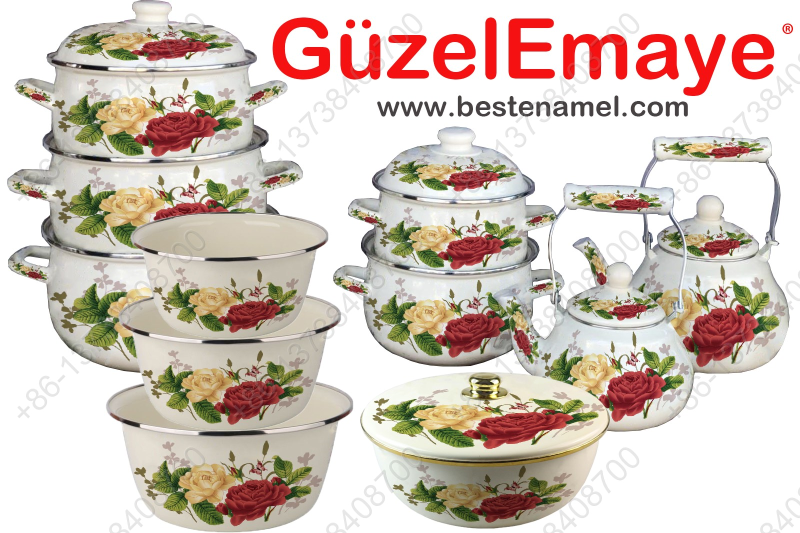 10 pcs Belly Shape Enamel Casserole Pot + 2pcs Enamel Kettle +3 pcs Enamel Basin + 1 pcs Enamel Bowl