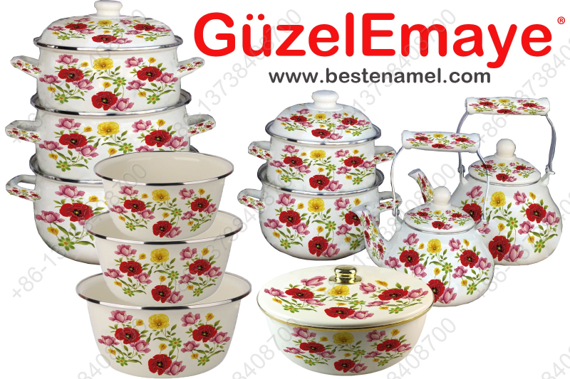 10 pcs Belly Shape Enamel Casserole Pot + 2pcs Enamel Kettle +3 pcs Enamel Basin + 1 pcs Enamel Bowl