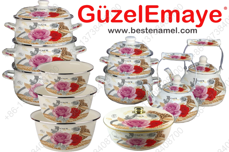 10 pcs Belly Shape Enamel Casserole Pot + 2pcs Enamel Kettle +3 pcs Enamel Basin + 1 pcs Enamel Bowl