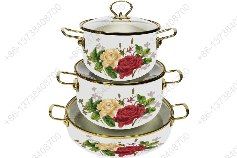 High Quality Enamel Cooking Pot With Glass Lid Enamel Casserole Set With Golden S/S Handles & S/S Knobs & S/S Rim