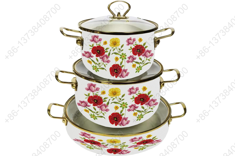 High Quality Enamel Cooking Pot With Glass Lid Enamel Casserole Set With Golden S/S Handles & S/S Knobs & S/S Rim