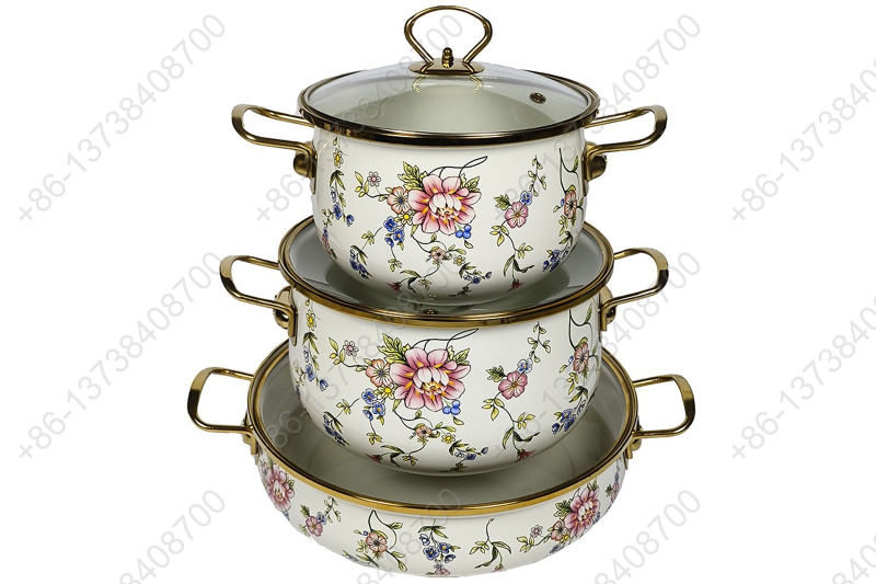 High Quality Enamel Cooking Pot With Glass Lid Enamel Casserole Set With Golden S/S Handles & S/S Knobs & S/S Rim